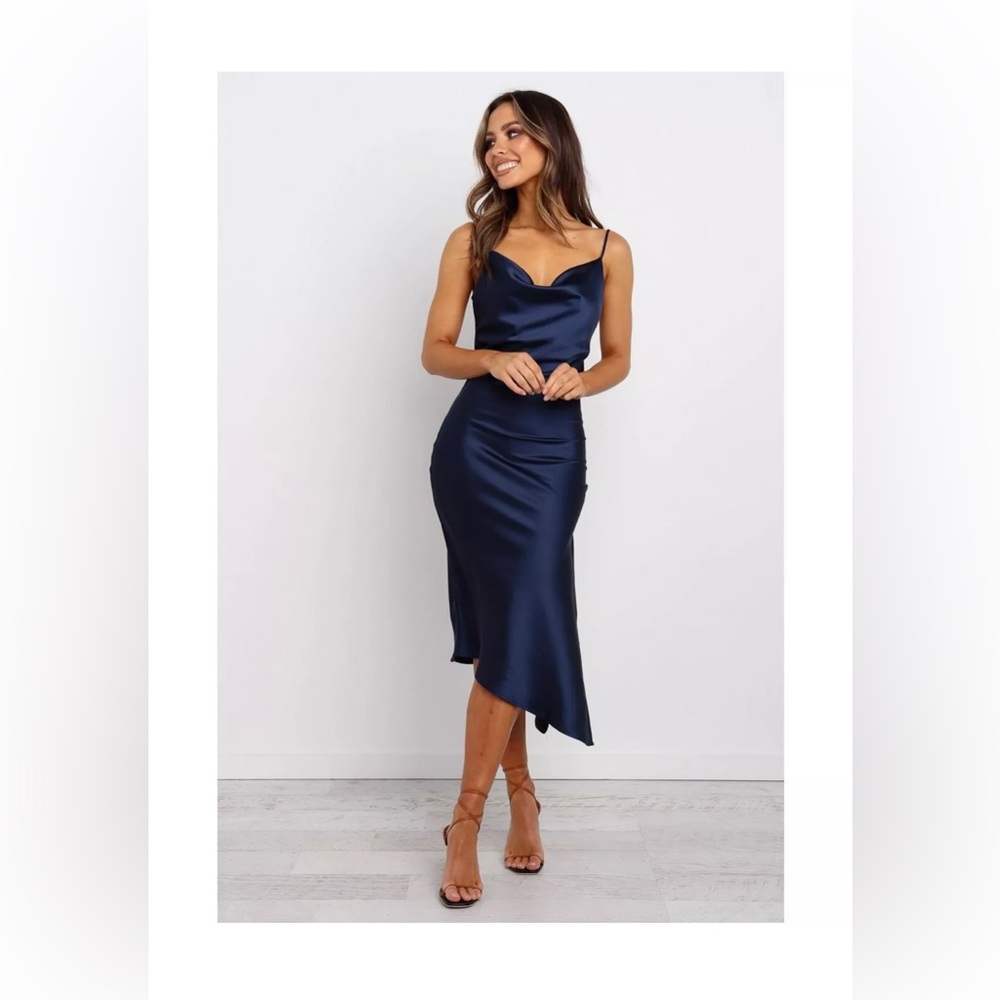 Navy Blue Asymmetrical Satin-y Feel Petal & Pup Dress Size 8